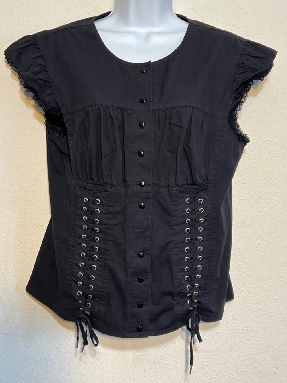 Moda International Black Lace-Trim Button Front Blouse with Corset Lacing Large - Picture 3 of 12
